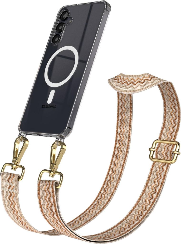 EAZY CASE - Handykette mit MagSafe Hülle für Samsung Galaxy A16, Handyband Wave Style, Karabiner Gold, Umhängeband in Braun