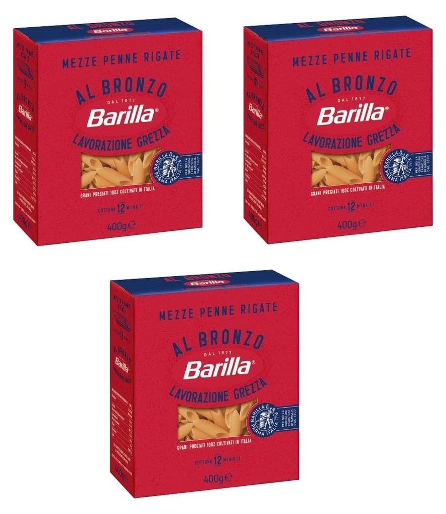 3x Barilla Mezze Penne Rigate al Bronzo Bronze Gezogene Pasta 400g Rohe Verarbeitungsmethode