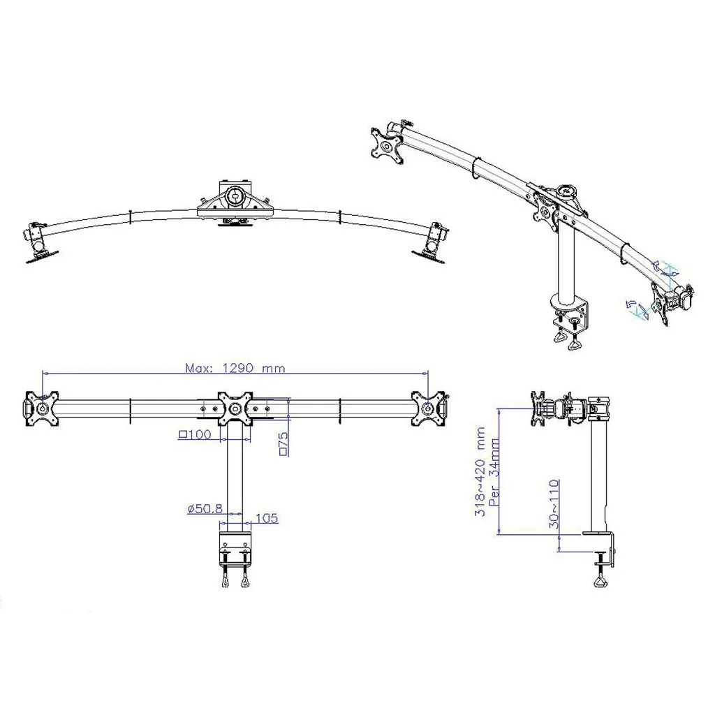 Bras Triple Écran Robuste 3x8kg Noir avec Montage Table Stable VALUE