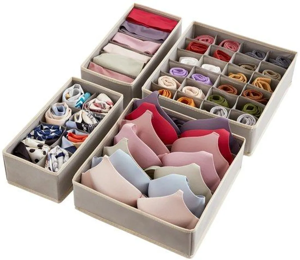 Organiseur à quatre niveaux sous-vêtements gris, tiroir pliable 4 pièces