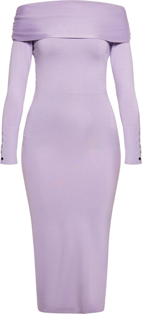 Damen Kleid mit Langarm und schulterfreiem Ausschnitt in Lila, Größe XS