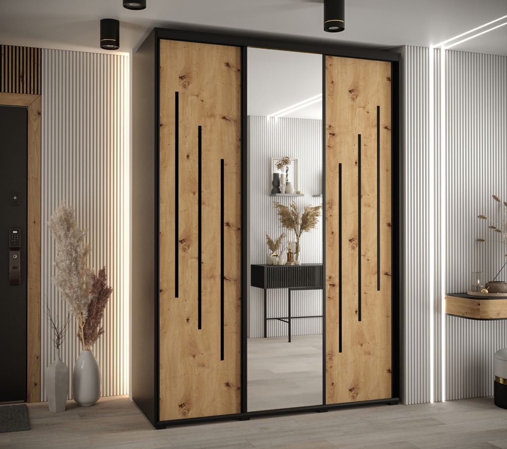 Kleiderschrank YVONA 9 - 180/60 cm, schwarz / Eiche handwerklich / schwarz