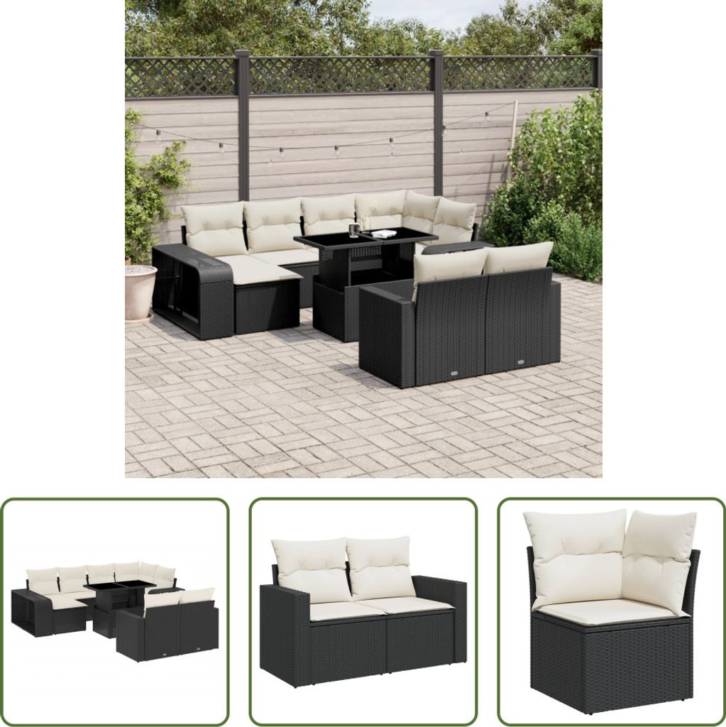 The Living Store 11-tlg. Garten-Sofagarnitur mit Kissen Schwarz Poly Rattan