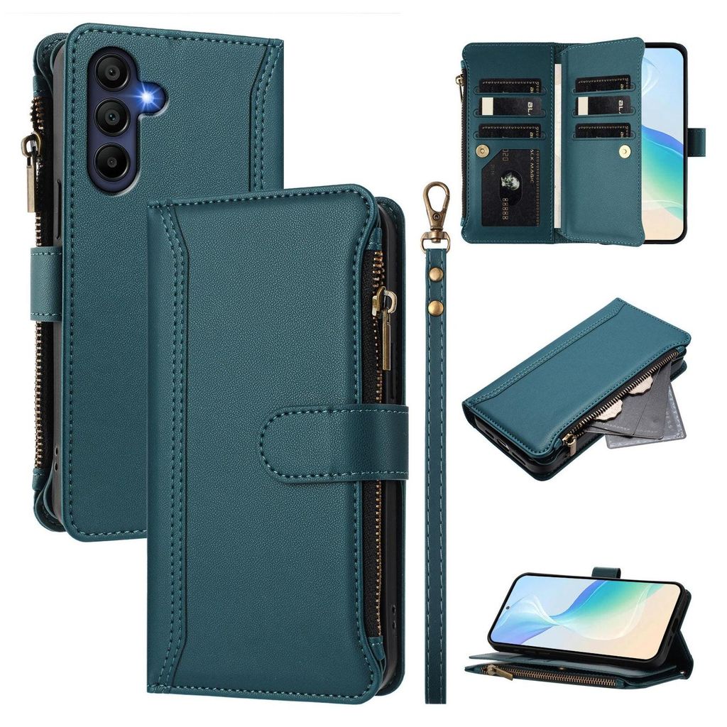 A collage of images showcasing a teal leather wallet-style phone case for a Samsung Galaxy A16, with various angles and features displayed.