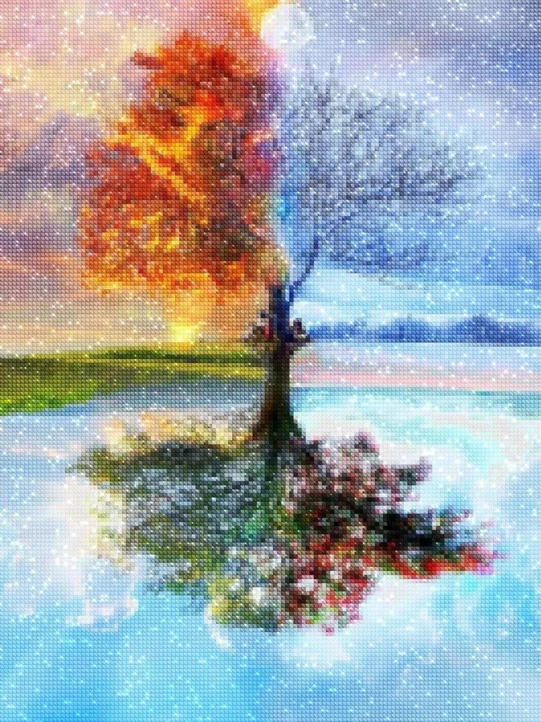 Tableau Diamond Painting Arbre Quatre Saisons - Kit Créatif 45x55 cm