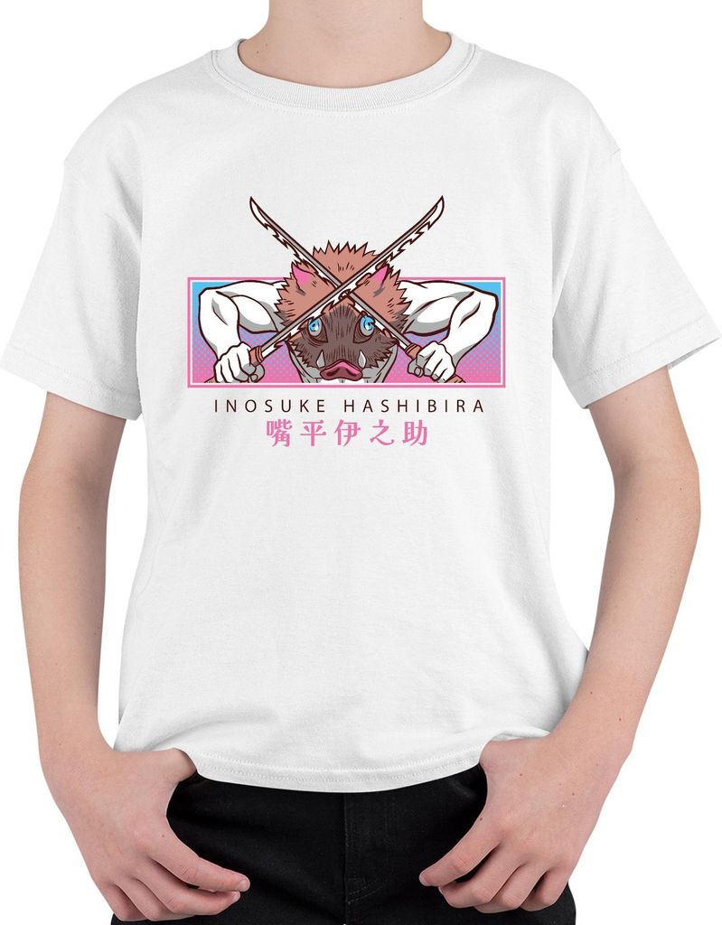 Inosuke Hashibira Ebermaske Gekreuzte Schwerter Kimetsu Geschenk Uni Kinder T-Shirt, Weiß, 128