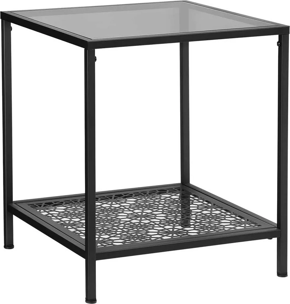 Table basse en verre trempé avec décor floral artistique et pieds noirs