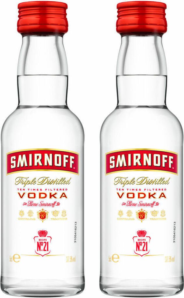 Smirnoff Red No. 21 Premium Vodka Triple Destilled, 2er, Wodka, Alkohol, Alkoholgetränk, Flasche, Miniatur, PET, 40 %, 50 ml, 724617