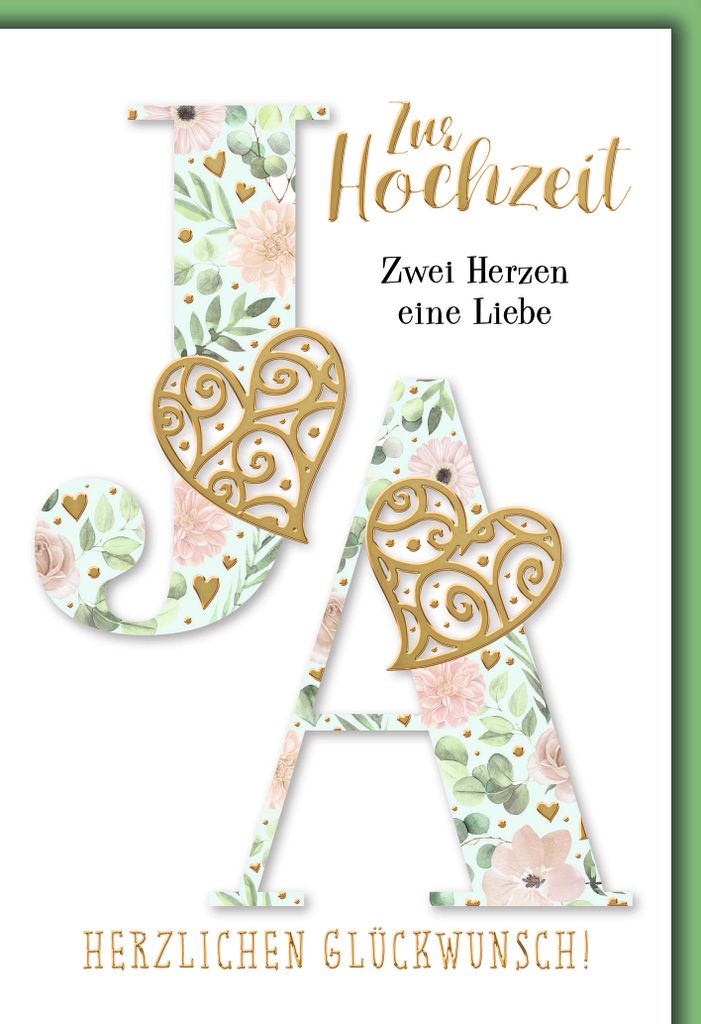 Hochzeitskarte mit Umschlag JA mit Herzen Zwei Herzen eine Liebe