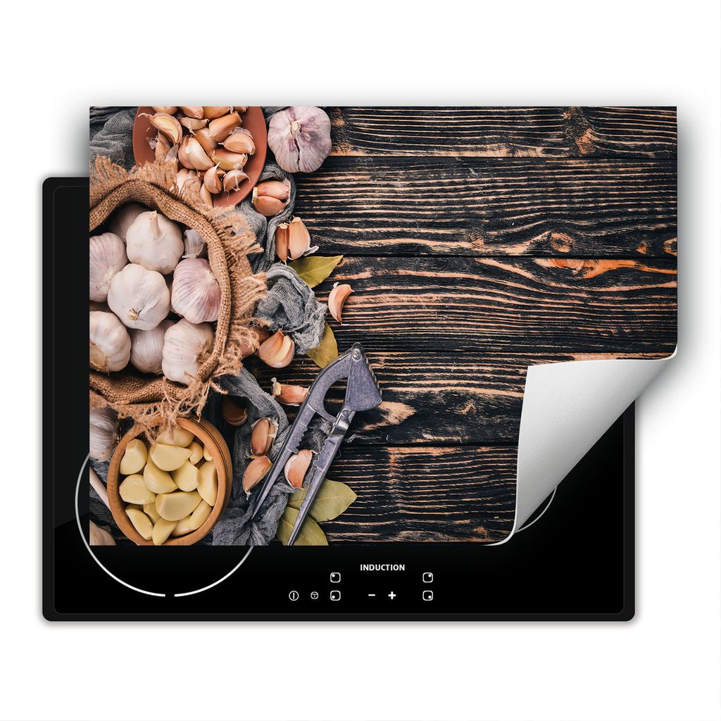 DarHaus Herdabdeckplatte 80x52 cm Anti Rutsch Matte Aufrollbar, Knoblauch - Holz