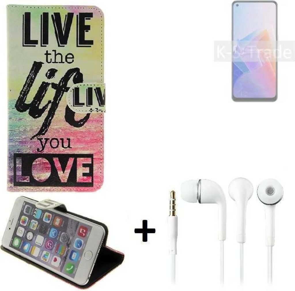 K-S-Trade Schutz Hülle kompatibel mit Oppo Reno7 Z 5G 360° Wallet Case ''live life love'' Tasche Handy Hülle Etui Smartphone Flip cover