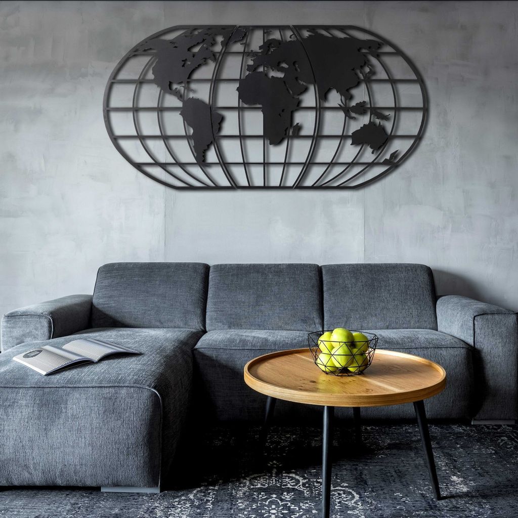Wallity, World Map Globe - Black, Wanddeko, Schwarz, Metall, 60 x 120 cm