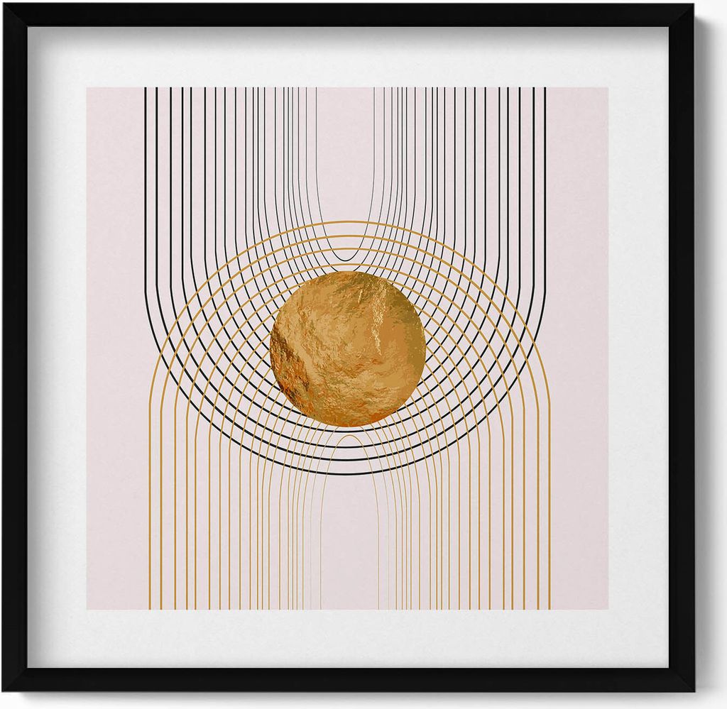 Abstrakte minimalistische Boho-Formen mit Gold– Wandbild mit Rahmen – Gerahmtes Bild – Wanddekoration – 50x50 cm – Schwarz Rahmen