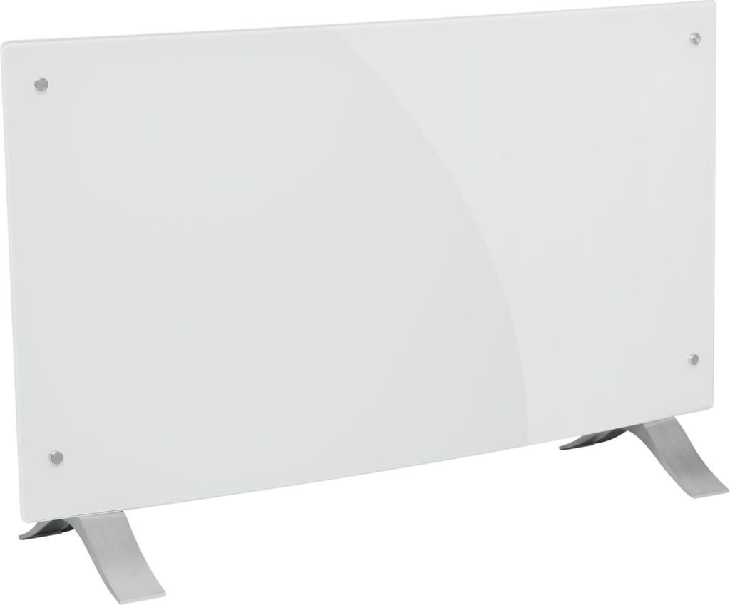 A white glass electric heater with silver legs, shown against a white background.