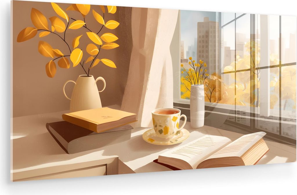 MuchoWow Glasbilder - Bilder auf Wandbild - Foto auf Glas Tee - Buch - Tee - Herbst 80x40 cm Wanddekoration aus Glas - Acrylglasbild - Acrylbilder ...