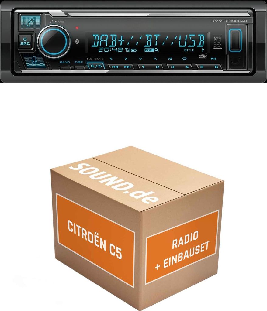 Autoradio Einbaupaket Kenwood KMM BT508DAB passend für Citroën C5 DC/DE + RD45 Silber | Bluetooth Telefonieren DAB+