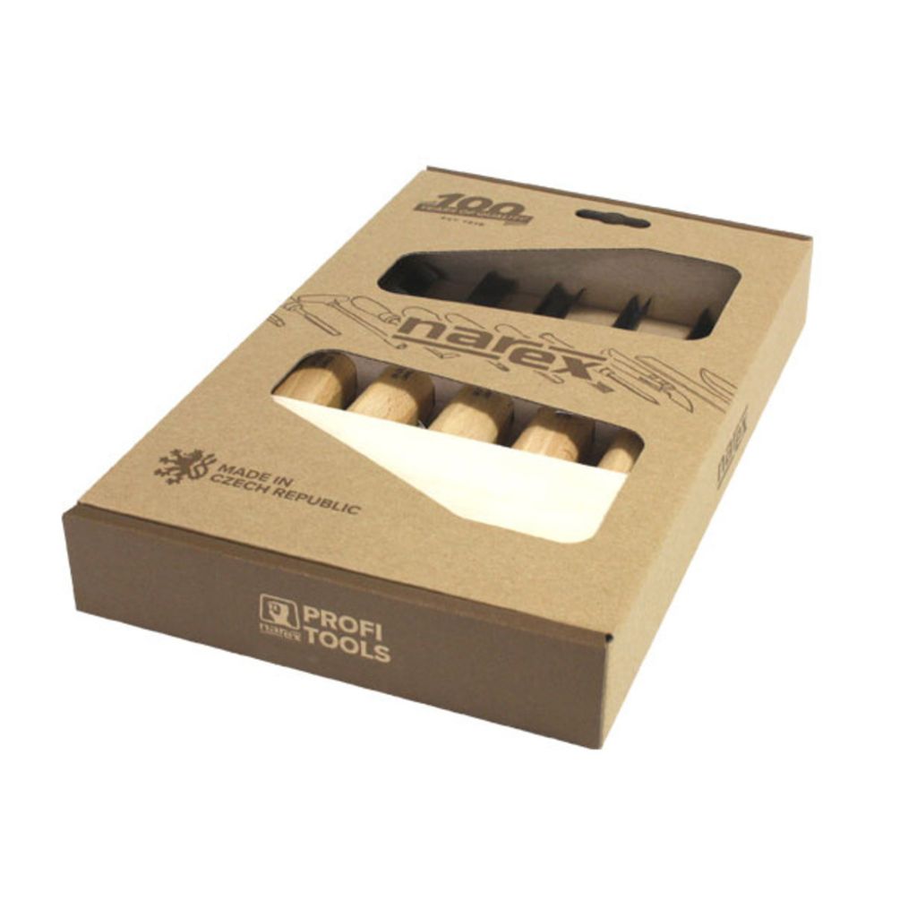 A cardboard box containing a set of chisels, with some of the chisels visible through cut-out windows.