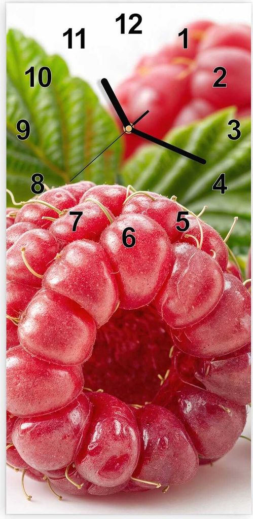 Wanduhr aus Glas mit Motiv Frische Himbeeren- 30 x 60 cm - inkl. Aufhängesystem