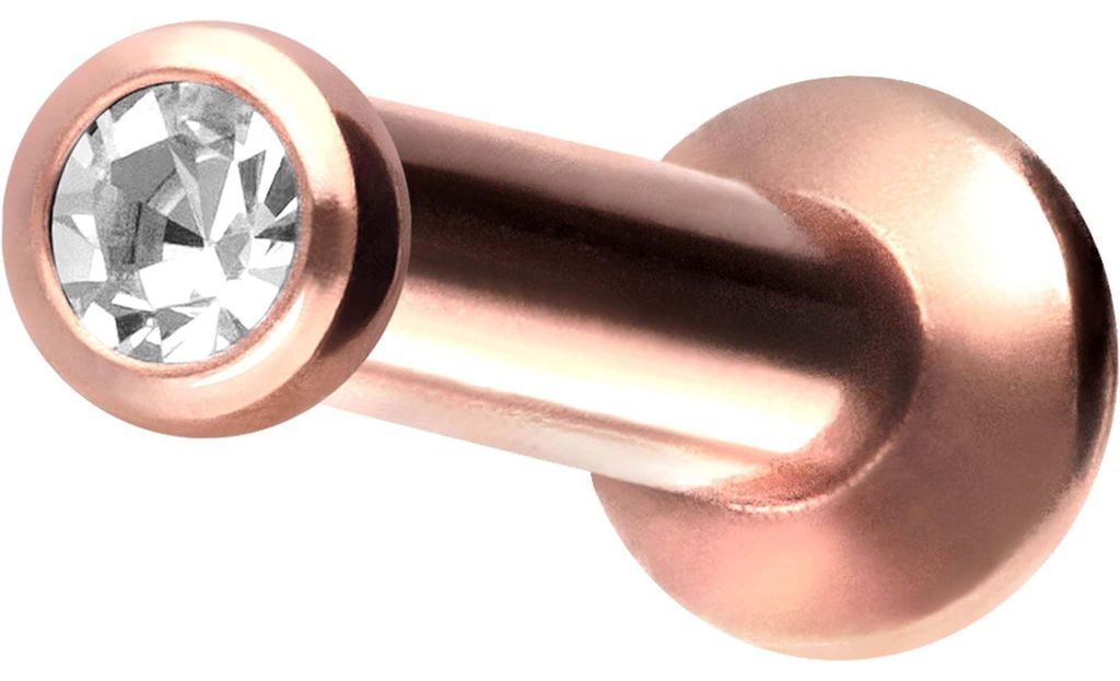 Ohrpiercing, Nasenpiercing Titan Triple Piercing Mini Labret mit Innengewinde FLAT-DISC + KRISTALL RoséGold Stablänge: 6mm | Discgröße: 1,5mm