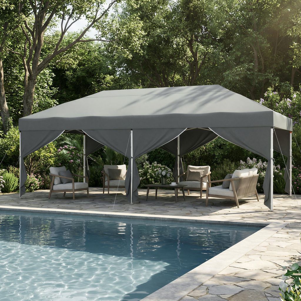 SONGMICS Faltzelt 6 x 3 m, mit Seitenwänden, stabil, tragbar, Pavillon für Garten, Hof, Party, Sonnenschutz, grau