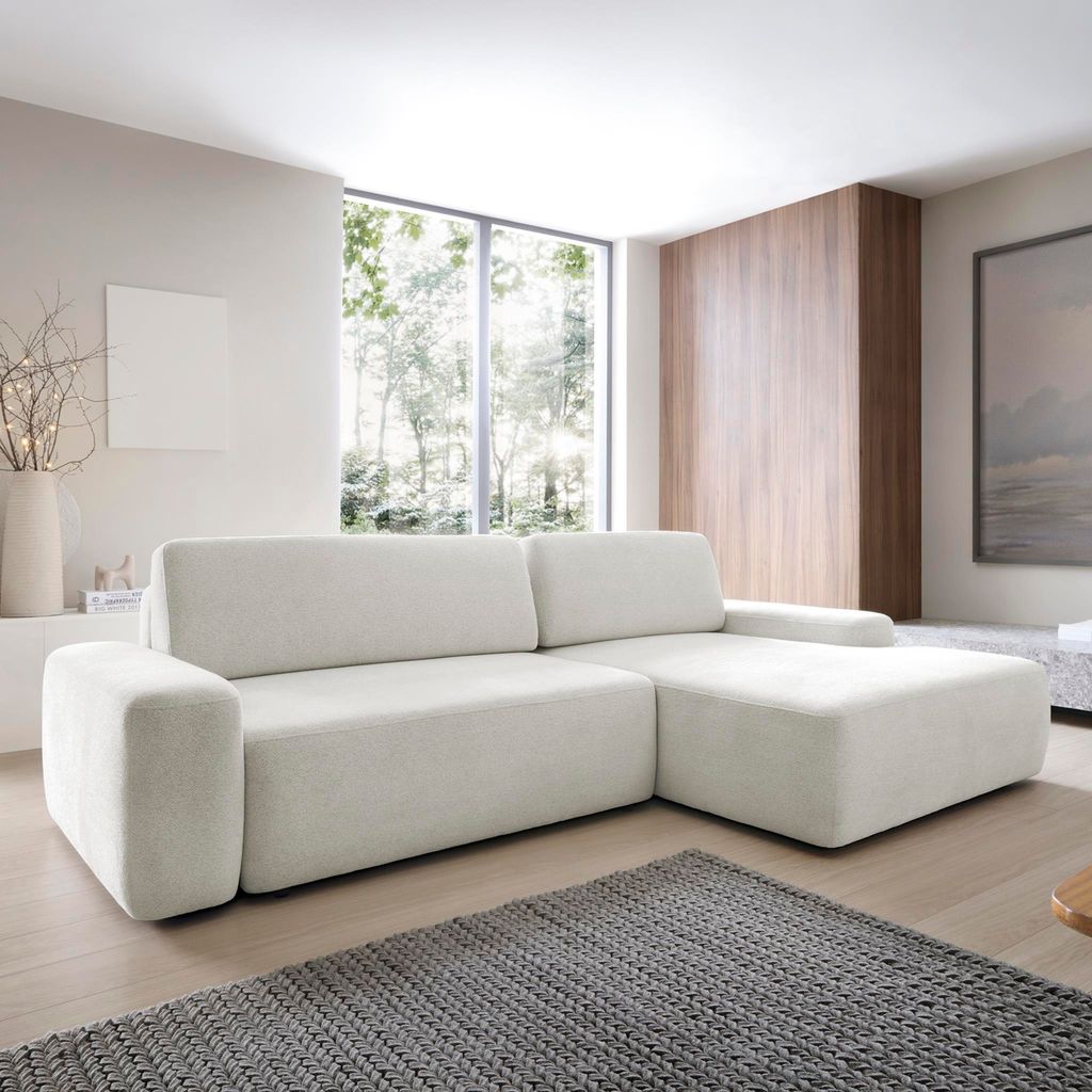 Ecksofa Bologna L-form Polsterecke aus Webstoff l-förmig Sofa mit Schlaffunktion und Bettkasten 264 cm Polsterecke im modernes Stil, Farbe: Creme,...