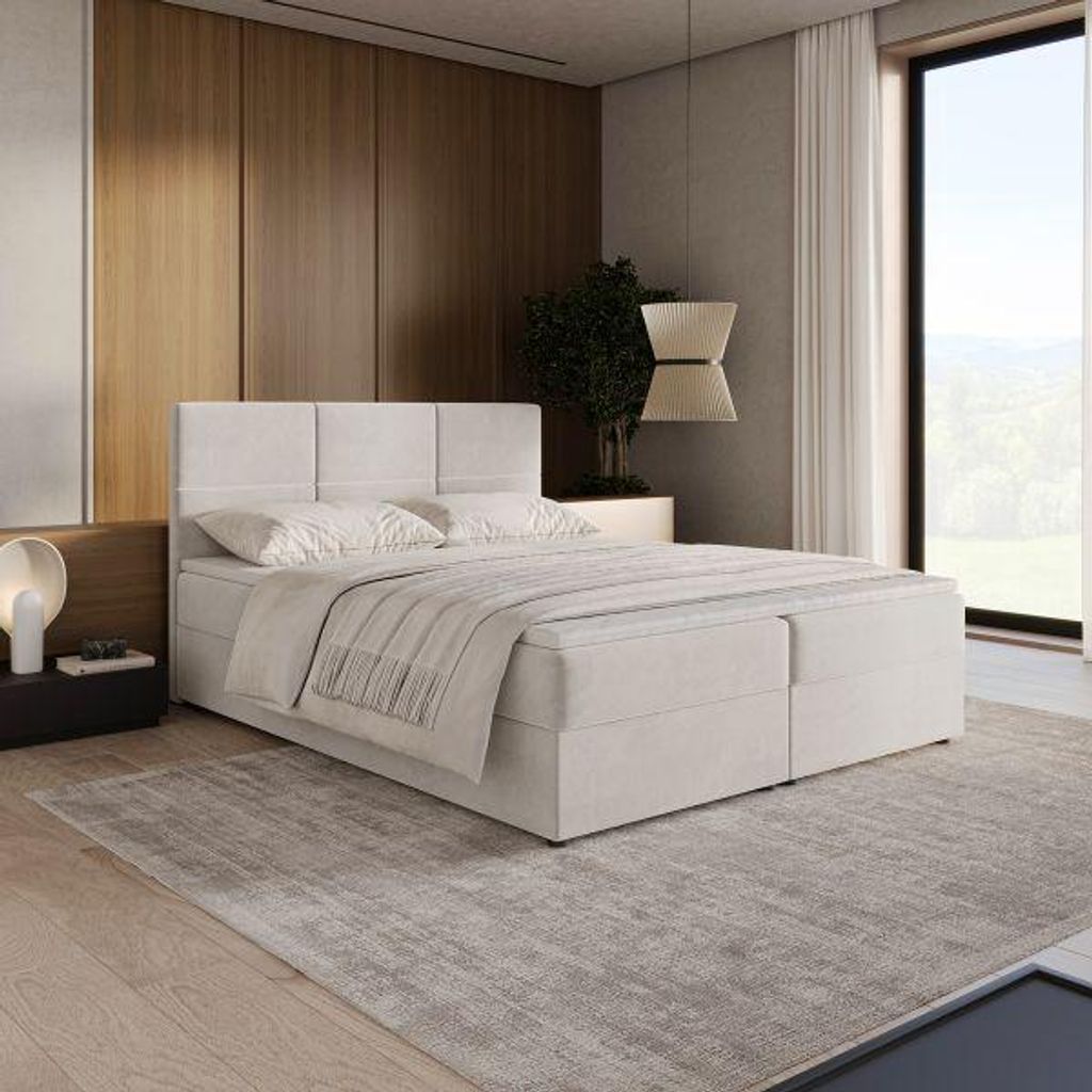 Kontinentales Bett, Bonell-Matratze, inklusive Topper, Polsterbett, Bett mit Kopfteil, Samtbezug, cremefarben, LUNARO 140 x 200 - Riviera 02