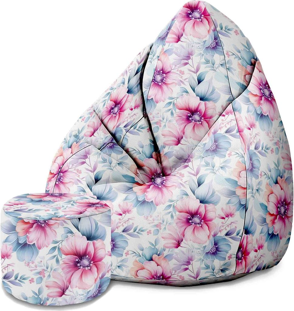 Dreamroots Bean Bag 80x80x120cm Sitzsack mit Lehne und Hocker und Bezug Sitzkissen Boden Sack Bubibag Sitzsack Sitzsack mit Füllung mit Pastel Flo...