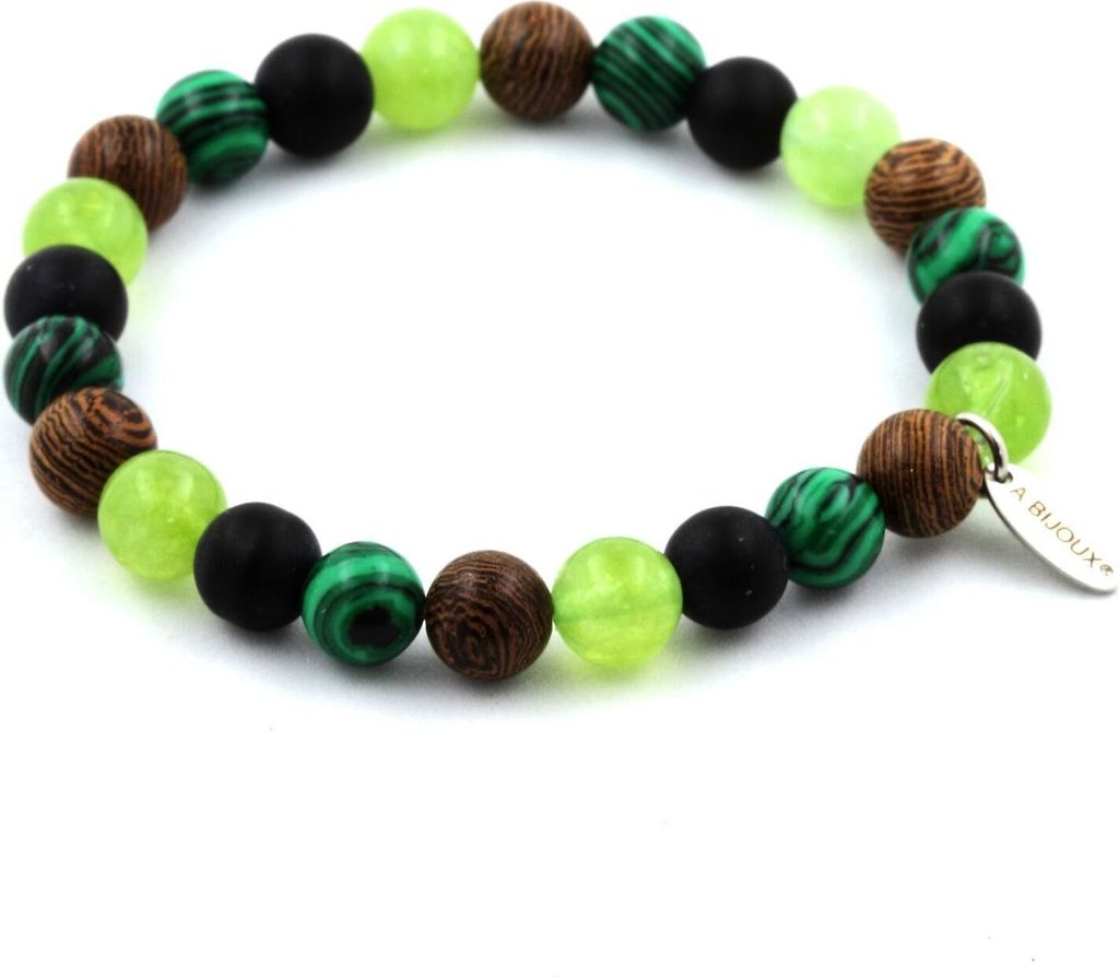 Armband Peridotperlen + Malachit + Mattschwarzer Onyx + Holz 8 mm