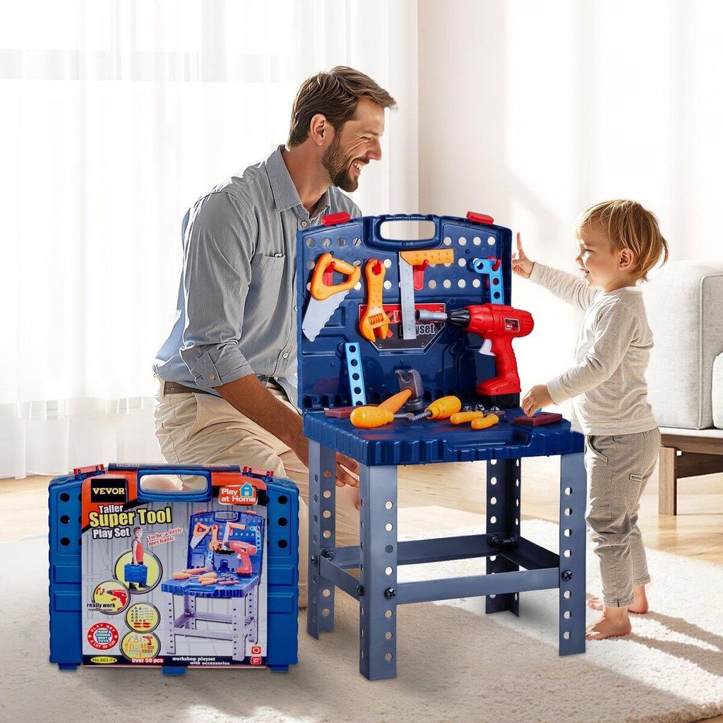 Kinder-Werkbank 56-teilige Werkzeugbank mit realistischen Werkzeugen und elektrischer Bohrmaschine