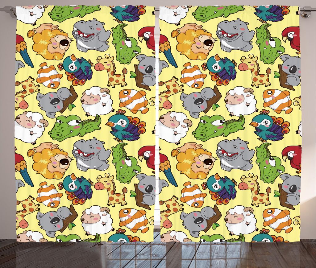 ABAKUHAUS Kinder Rustikaler Gardine, Nilpferd Giraffe Koala, Schlafzimmer Kräuselband Vorhang mit Schlaufen und Haken, 280 x 225 cm, Mehrfarbig