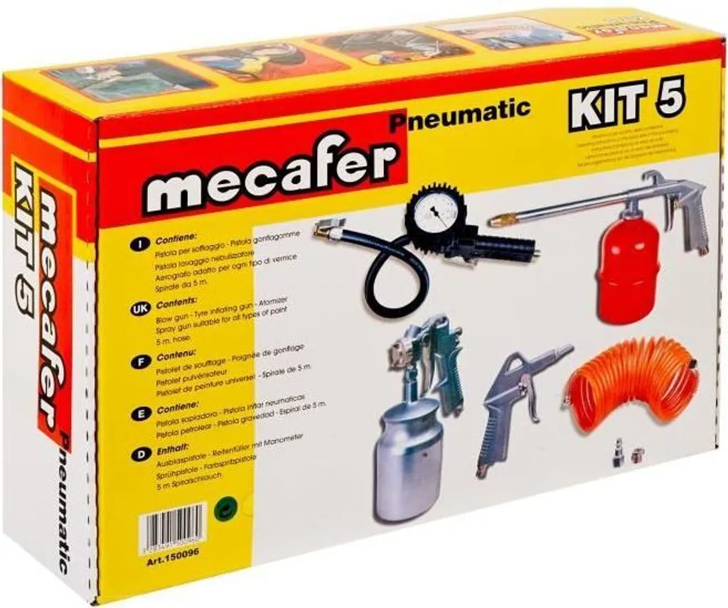 Kit accessori aria compressa Mecafer 9179151, Pistola a spruzzo, Soffiatore, Spruzzatore per tutti i liquidi, Tubo flessibile da 3 m