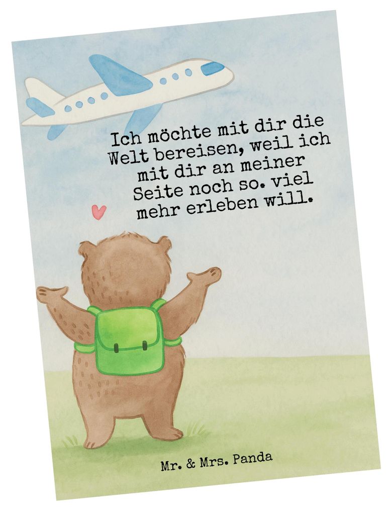 Mr. & Mrs. Panda Ansichtskarte Bär Flugzeug Design - Weiß - Geschenk, Fotokarte, Freund, Grußkarte, Ansichtskarten, Postkarten, Valentinstag, Fr...