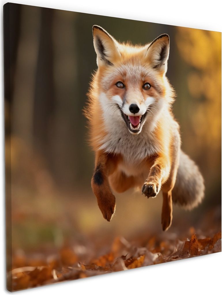Wallario Premium Leinwandbild Rennender Fuchs in Größe 50 x 50 cm