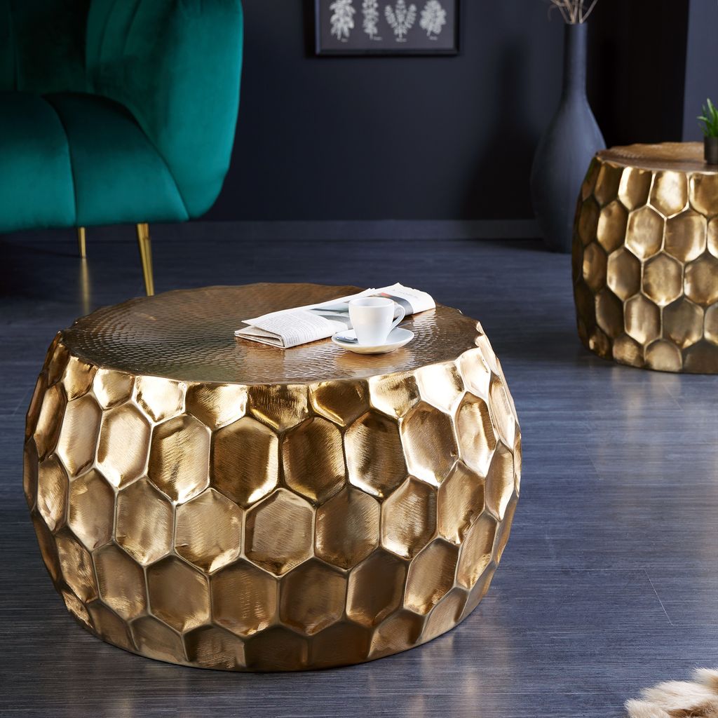 riess-ambiente Runder Couchtisch ORGANIC ORIENT 70cm gold Metall Hammerschlag Waben Design Beistelltisch Tisch
