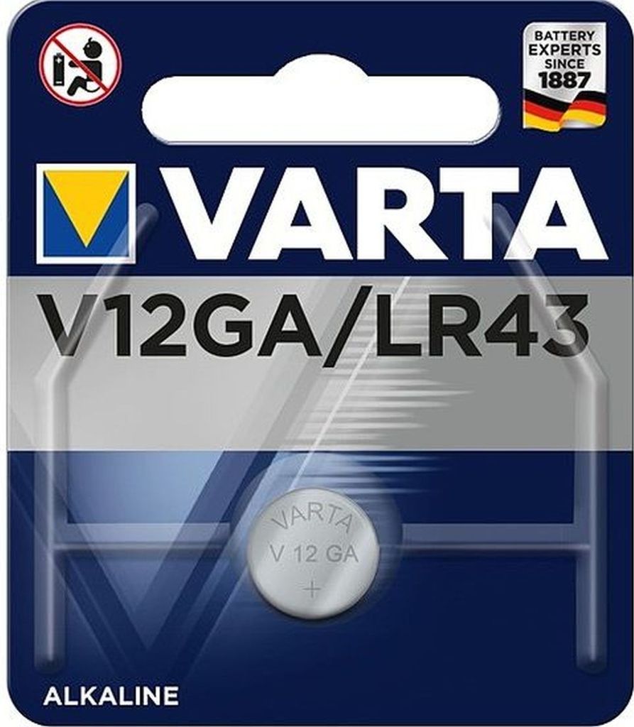 The image shows the packaging of a Varta V12GA LR43 battery.