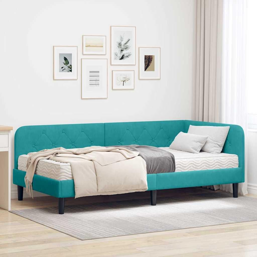 "Schlussverkauf" EckBettgestell - für 1 Person - mit Matratze - Türkis 100x200 cm Samt C1054