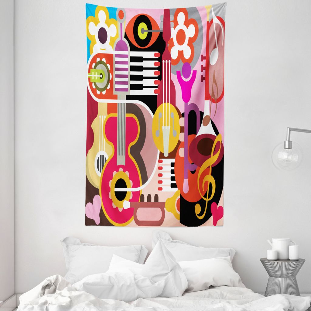 ABAKUHAUS Bunt Wandteppich und Tagesdecke, Musikinstrumente aus Weiches Mikrofaser Stoff Waschbar ohne Verblassen Digitaldruck, 140 x 230 cm, Mehrf...