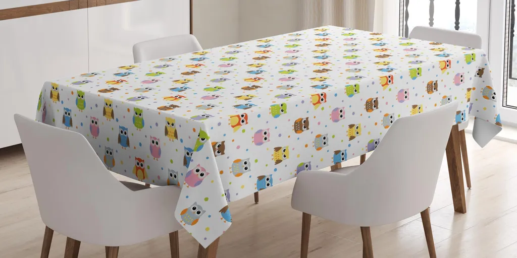 ABAKUHAUS Tovaglia con gufi, mascotte divertenti e stravaganti con pois colorati, motivo infantile e dolce, 140 x 170 cm, multicolore