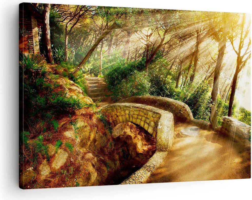 Bild auf Leinwand - Leinwandbild - Pfad Steinbrücke Wald Herbst - 70x50cm - Wand Bild - Wanddeko - Leinwanddruck - Bilder - Kunstdruck - Wanddekor...