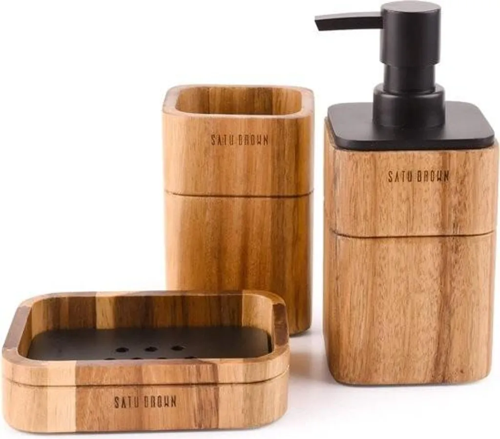 Accessoires de salle de bain en bois exotique - Ensemble complet chic