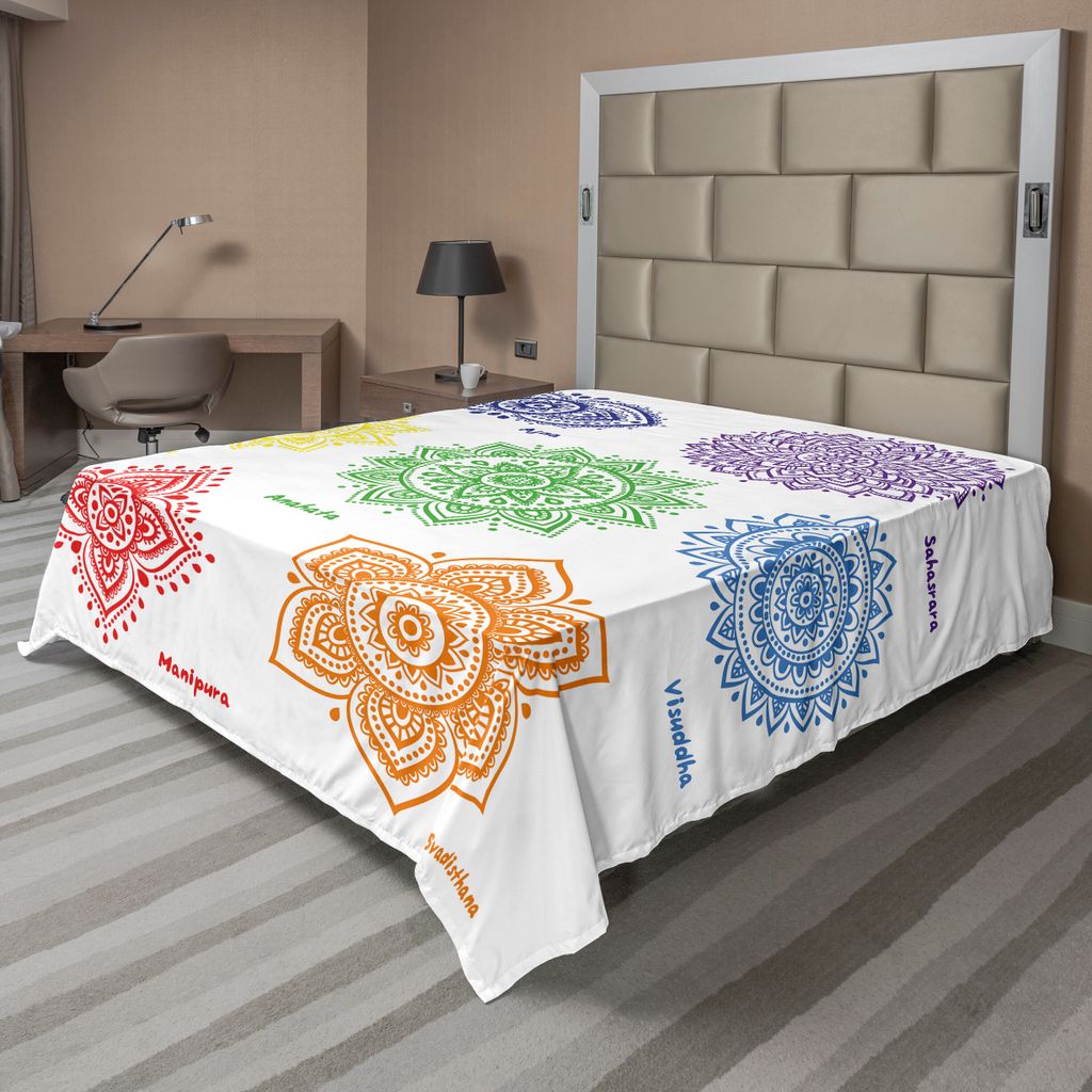 ABAKUHAUS Chakra Bettlaken, Sammlung Symbole in den verschiedenen Farben mit aufwändigem rundem Mandala Asian Print, weiches bequemes oberes Bettl...