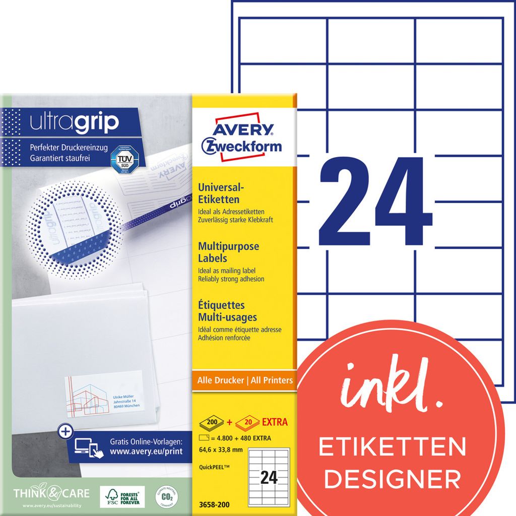 Avery Zweckform 3658-200 Universal-Etiketten, A4 mit ultragrip, Adressaufkleber 64,6 x 33,8 mm, weiß