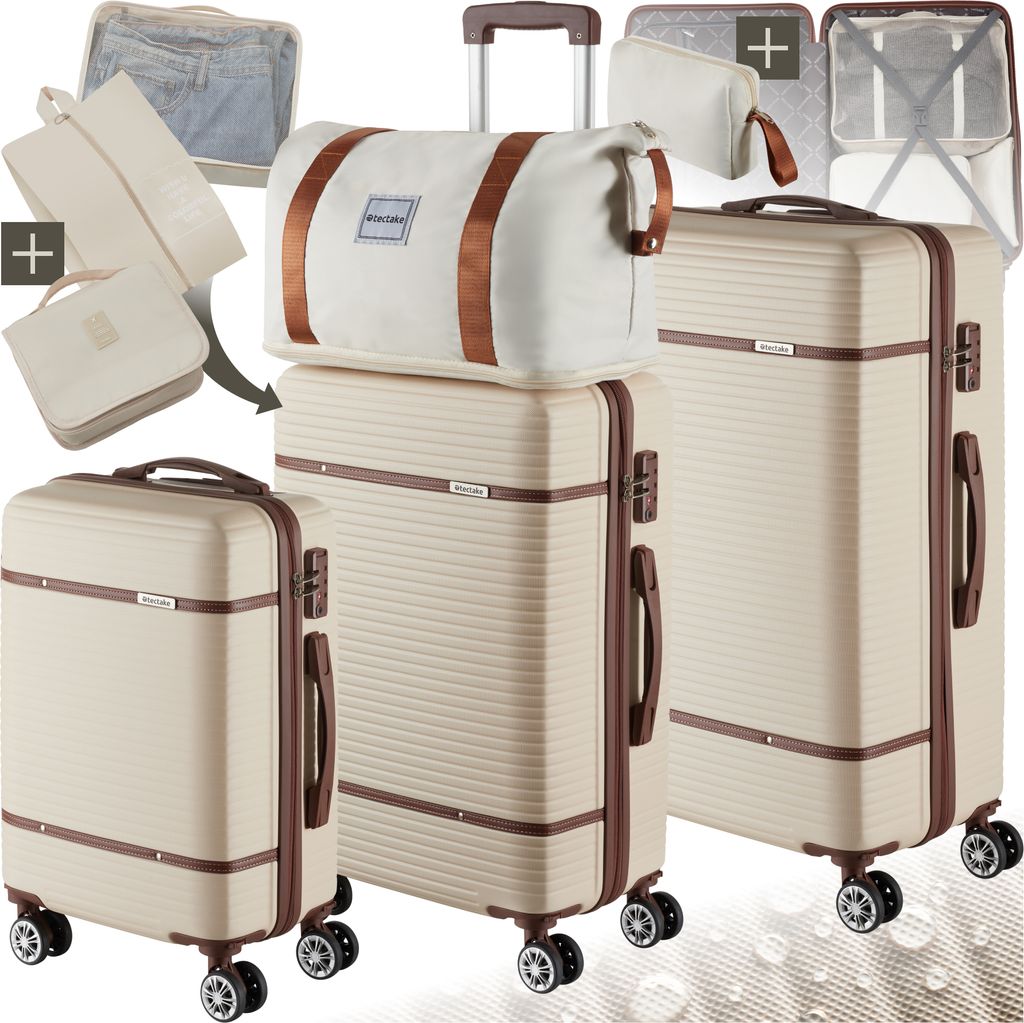 A collection of luggage items, including suitcases and travel bags, arranged in a collage.