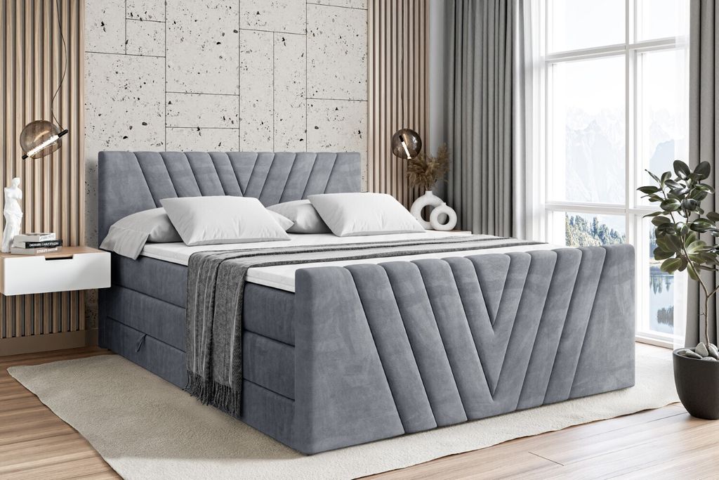 ALTDECOR Boxspringbett mit Fußteil, 2 Matratzen und Topper - 160x200 cm - ERNINA-Z KING - Grau Samt - Polsterbett mit, H3- und H4- Matratzen, Bett...