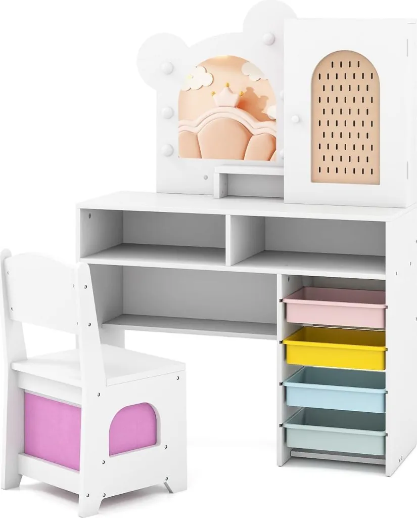 Ensemble coiffeuse pour enfants avec miroir lumineux et rangements