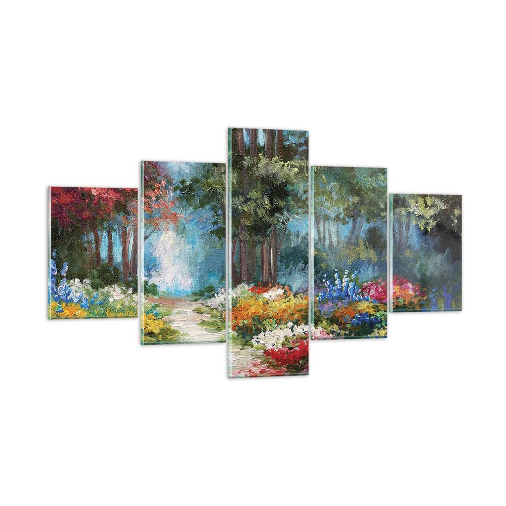 Bilder auf glas - 5 Teile - Impressionismus Natur Wald - 125x70cm - Glasbilder - Wandbilder - Bilder - zum Aufhängen bereit - Wanddekoration aus G...