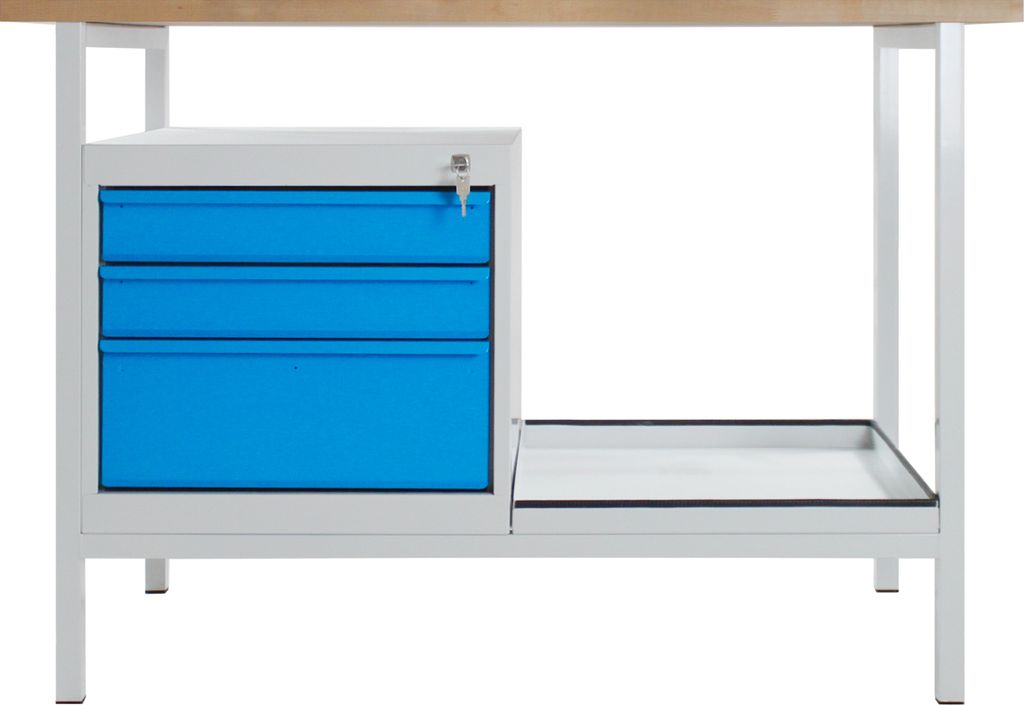 Werkbank Light Rhino mit Ablagefach + 3 Schubladen | HxBxT 82,5x120x60cm | Traglast 300kg | Lichtgrau/Lichtblau