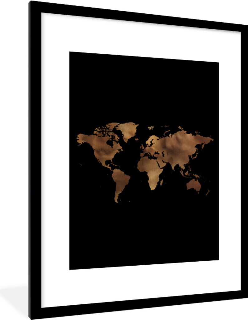 MuchoWow Gerahmtes Poster Weltkarte - Bronze - Schwarz 60x80 cm - Poster mit Schwarzem Bilderrahmen Wandposter Rahmen Foto Bilder - Wohnzimmer - ...