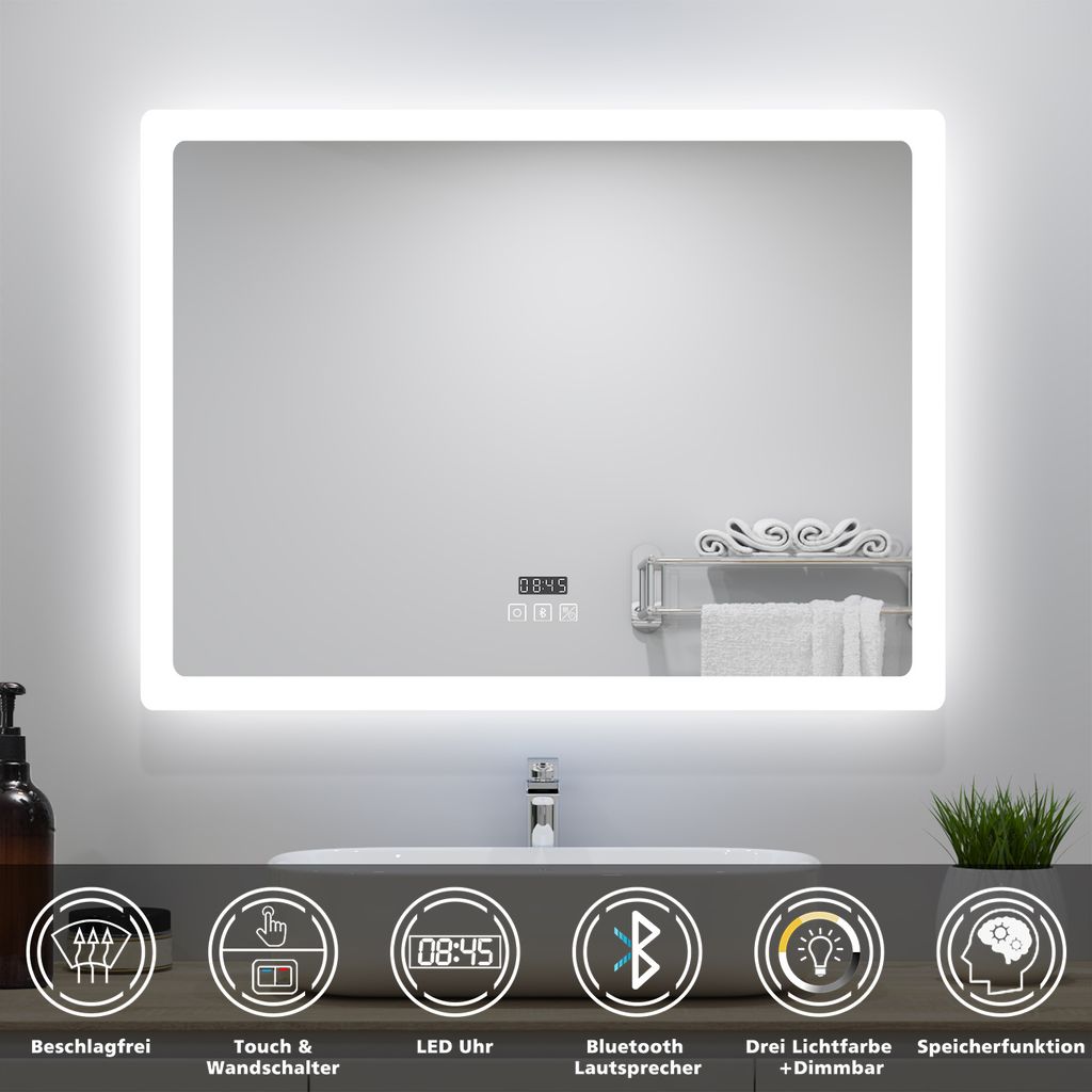 AICA LED Wandspiegel 70x50cm mit Bluetooth Uhr und Beschlagfrei Badspiegel 3 Lichtfarbe 3000K/4500K/6000K Dimmbar IP44