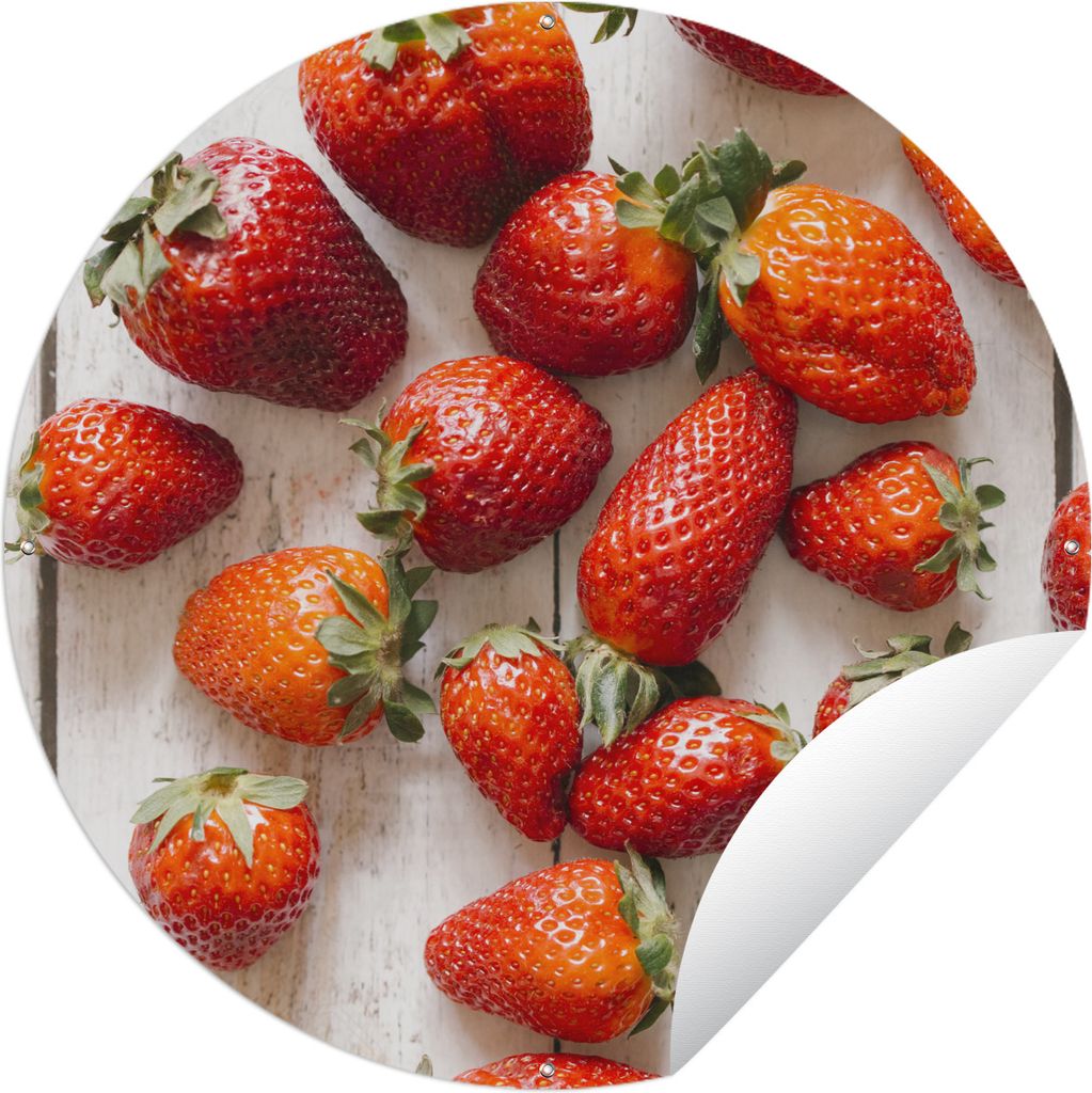 MuchoWow Gartenposter Outdoor-Poster Rund Erdbeere - Obst - Tisch Ø 150 cm Gartendeko Rundes Poster draußen